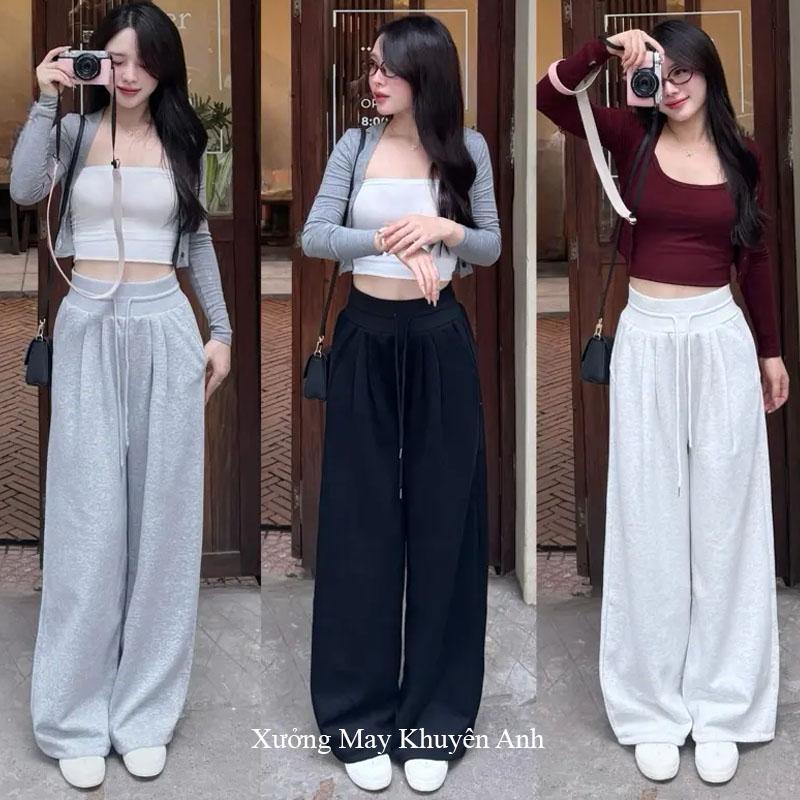  Quần Ống Rộng Cạp Bản To Vải Nỉ 2 Da Có Túi Dây Rút Dày Mịn Nâng Hông Nữ M50 M55 M60 M65 M70 Mặc Đi Học Làm Công Sở Thể Thao Tôn Dáng 