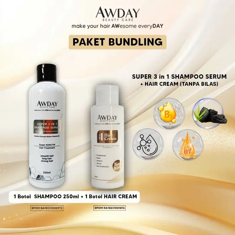 [FYC] AWDAY PAKET SUPER 3IN1 SHAMPO CHARCOAL KERATIN 250ml + ALL IN 1 HAIRCREAM 100ml 0