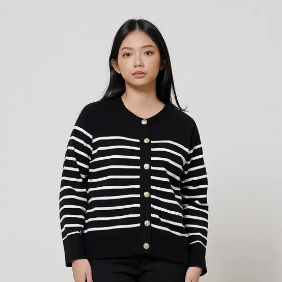 This Is April Outer Wanita Knit Lengan Panjang Striped Aurelie Cardigan Ivory dan Black 7