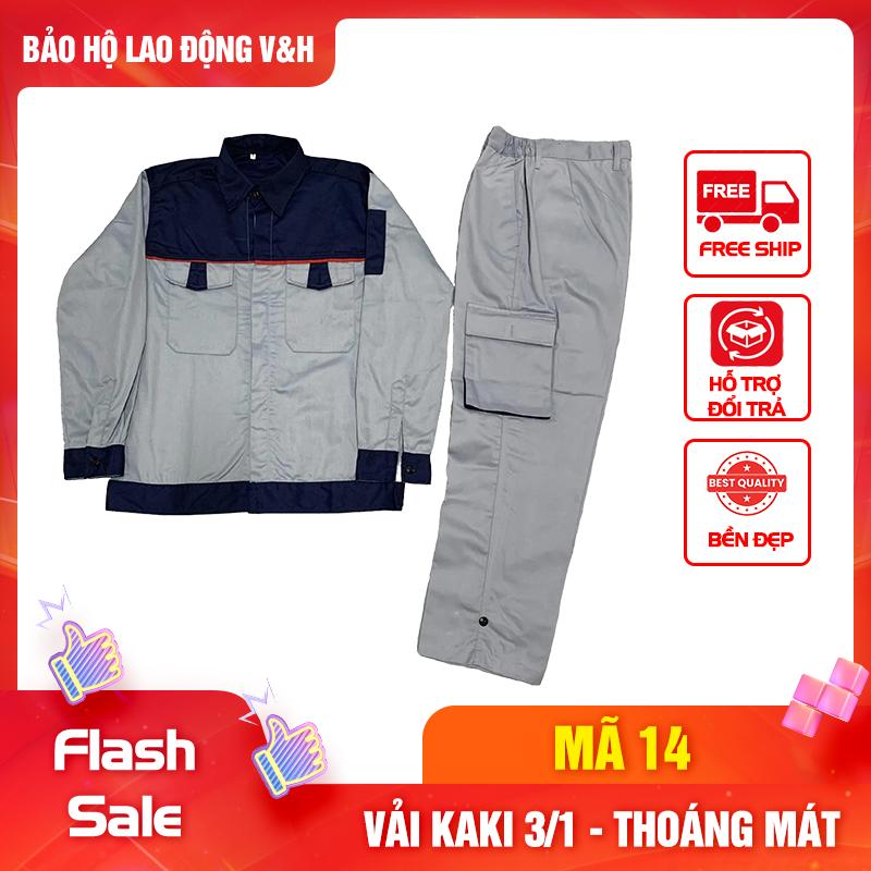 Bộ Quần Áo Bảo Hộ Lao Động Nam Dài Tay Mã 14 - Có Cổ Sơ Mi Quần Có Túi Hộp Vải Kaki 3 1 Dày Dặn Bền Bỉ Thoáng Mát Chống Nắng Nóng Tốt