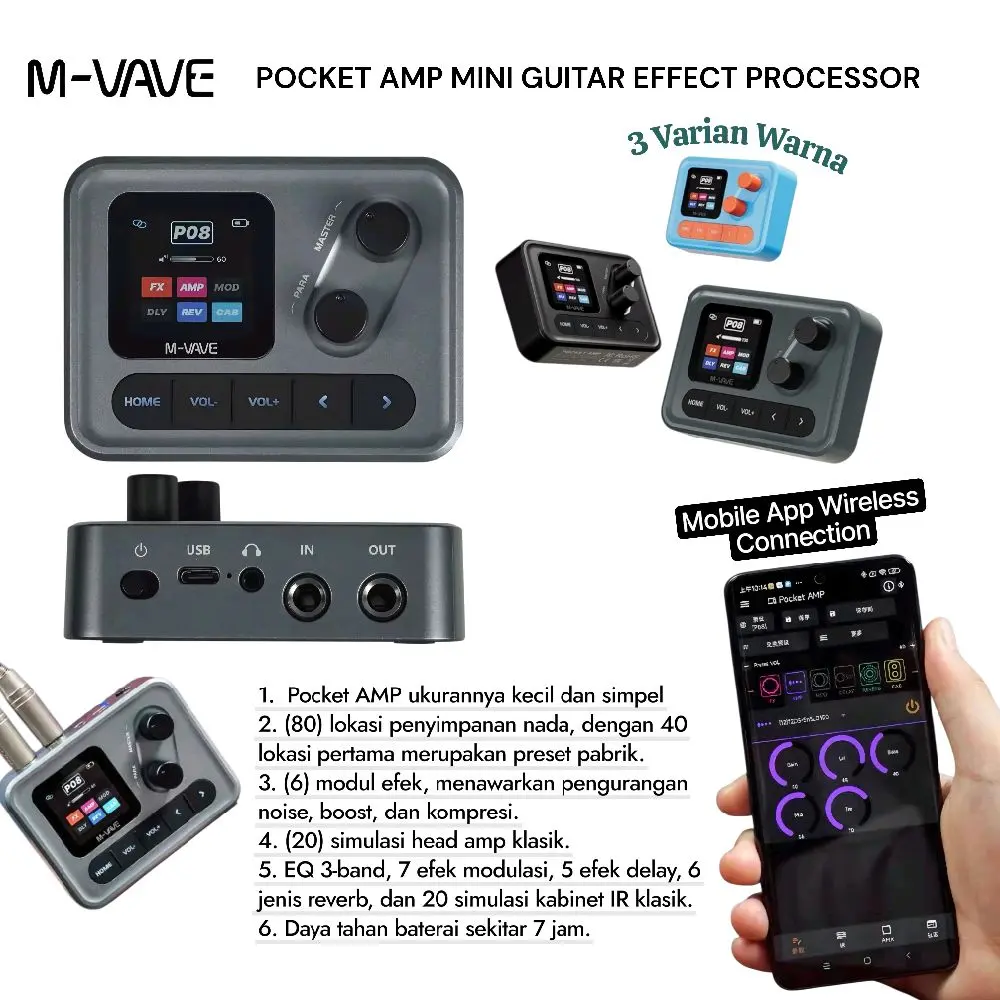 M-VAVE Pocket Amp, Wireless & Wired Multi Fungsi Effect Processor, Guitar & Bass HD Screen