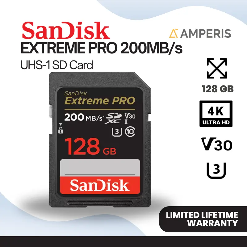 SANDISK Extreme PRO SDXC 128GB 200 MB/s UHS-1 C10 U3 V30 UHD 4K 0