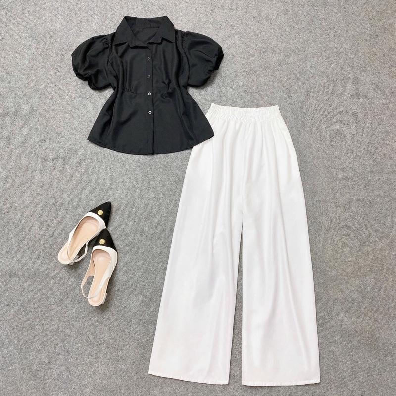 Set Bigsize CÓ LẺ ÁO QUẦN Áo Sơ Mi Tay Bồng Có Dây Buộc Eo Phối Quần Suông Ống Siêu Rộng Giả Váy Cho Nữ Chuppy 55-92Kg - SM192 Q530