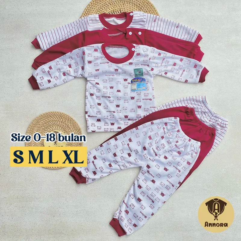 Annora Baby Isi 3 Setelan Bayi S M L XL usia 3-18 Bulan Piyama Bayi Laki Laki Perempuan Seri Marun Bear 4