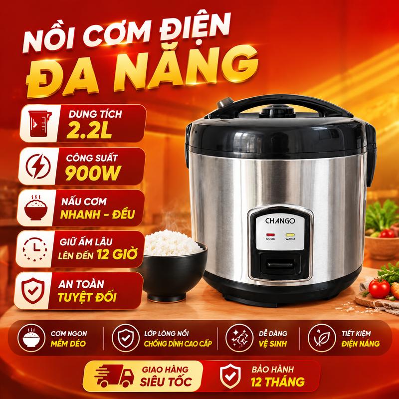 CHANGO Nồi Cơm Điện Dung Tích 2.2L Công Suất 900W Nút Bấm Cơ Đơn Giản Nấu Cơm Giữ Ấm Cho Gia Đình Nhiều Thành Viên