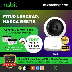 Rabit Kamera CCTV WIFI Smart IP Indoor PTZ X Full HD 2 MP 350° Motorik Resolusi FHD 1920x1080P AI Auto Tracking Night Vision 8 Meter Keamanan Pintar Harga Bestie - Cam, Camera