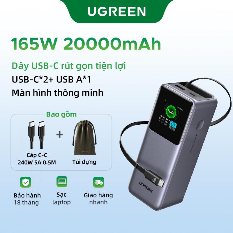  【Cáp Type-C Thu Vào UGREEN 20000mAh 165W Cáp USB C Có Thể Thu Vào Tích hợp Màn hình thông minh TFT Hỗ trợ 3 cổng Tương thích với SAMSUNG S25 S24 Sạc nhanh 45W Cầm Tay Thích hợp cho máy tính xách tay Điện thoại di động Powerbank SKU: 55987 