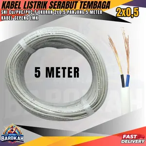 Kabel Listrik Serabut Tembaga Murni Ukuran 2x0,5mm Tersedia 5meter/10meter/15meter/20meter/25meter Model Bodi Gepeng Sudah SNI Kualitas Terbaik Warna Putih