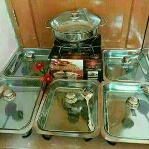 Tempat makan set prasmanan Full kaca isi 6 ( 5 kotak + 1 bulat lengkap pemanas) gratis sendok sayur bahan stainless stell anti karat tutup kaca tebal