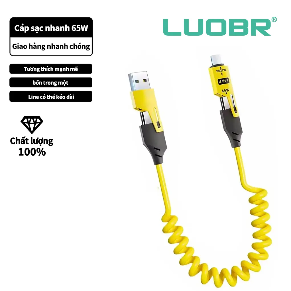 Dây Cáp sạc lò xo đa năng 4 in 1,Hỗ trợ sạc nhanh PD 27/65W,Thay đổi chiều dài tùy ý ,Co dãn dễ dàng