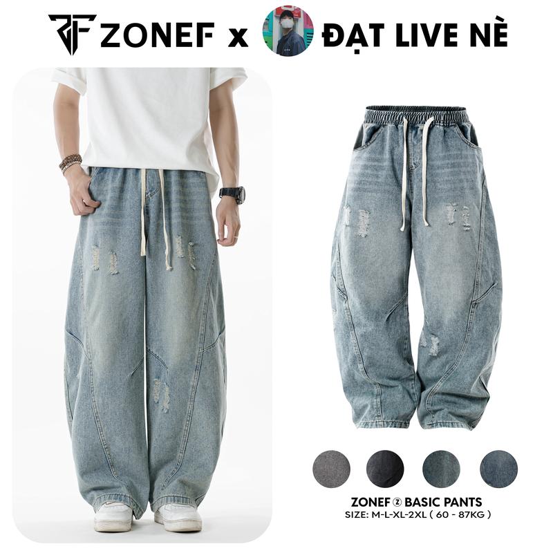 [ZONEF x ĐẠT LIVE NÈ] Quần Jean Ống Cong Form Rộng RETRO Cạp Chun Dây Rút By Zonef Studio, Jean Wash Ống Rộng Unisex Phong Cách Streetwear