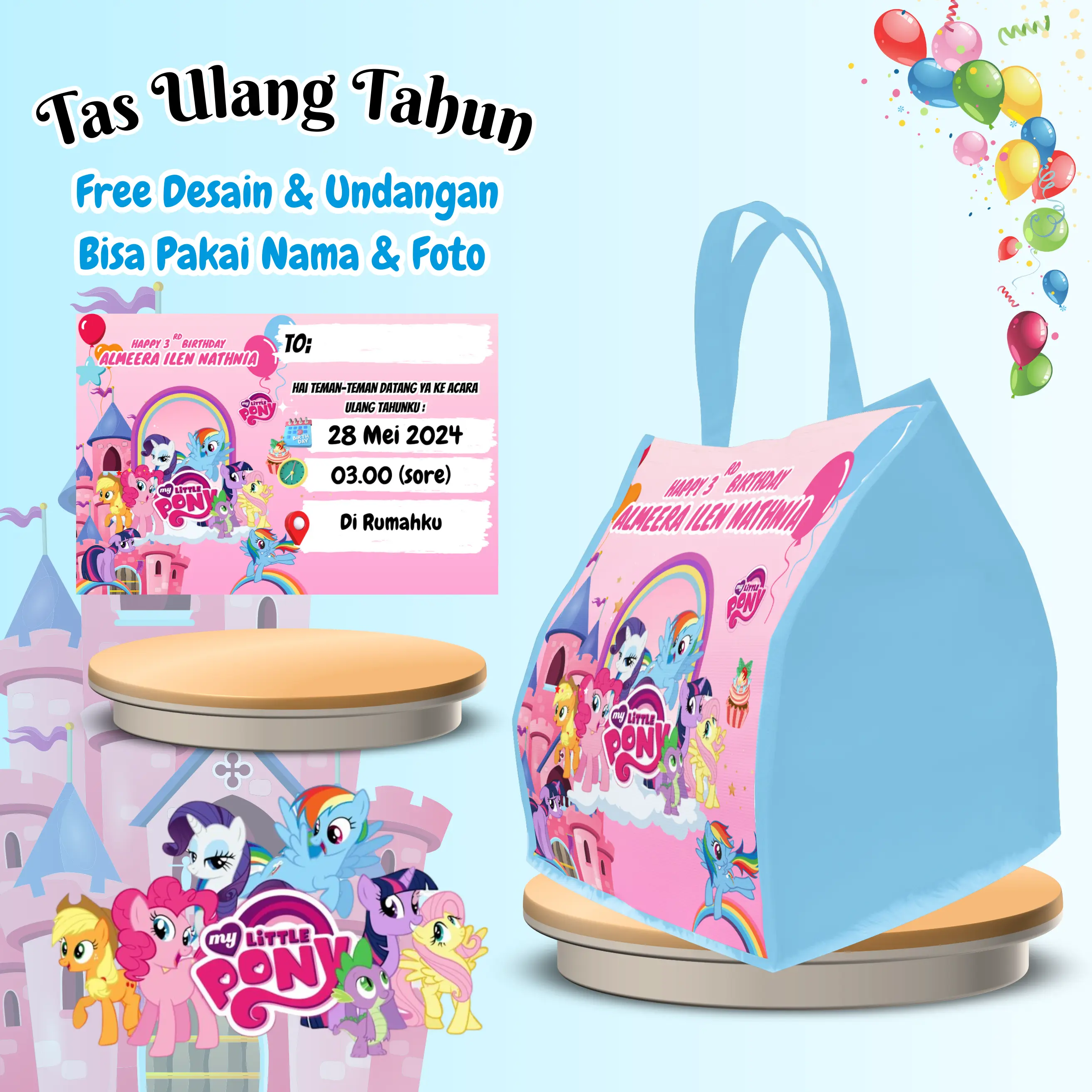 25 Pcs Tas & Free Undangan Ulang Tahun Anak Cewek Cowok Custom Desain Muat Bento Snack  Kain