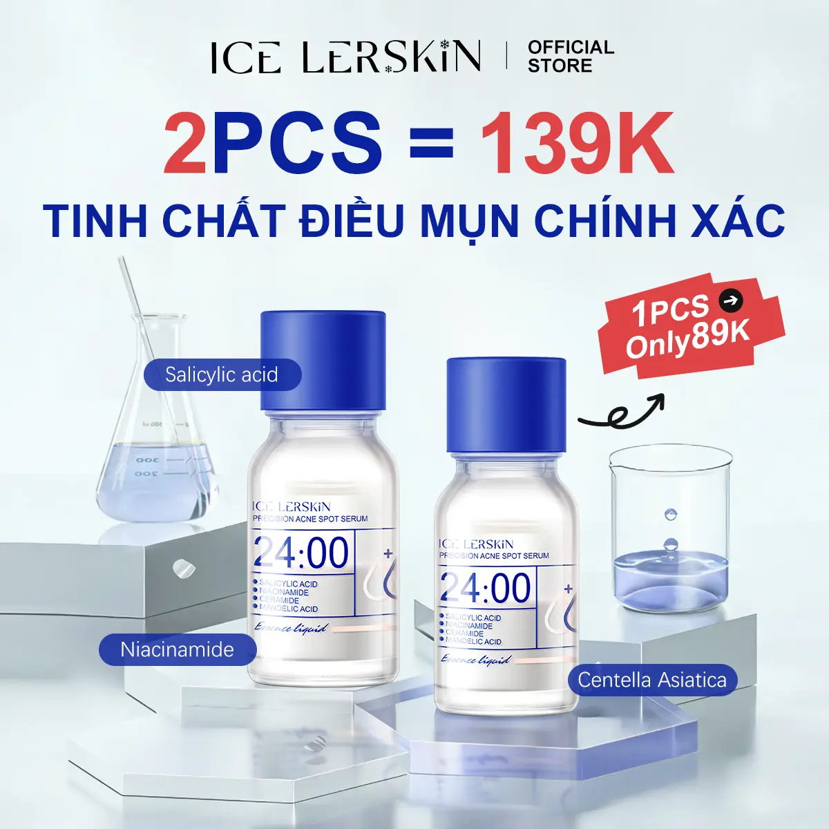 ICE LERSKIN Tinh Chất Trị Mụn 10ML, chứa axit salicylic. Set: Tinh chất điều mụn 10ML + Nước hoa hồng Glycolic 200ML, Tinh chất điều mụn 10ML + Nước hoa hồng Glycolic 200ML + Bọt rửa mặt 150ML, Tinh chất điều mụn 10ML + Bọt rửa mặt 150ML