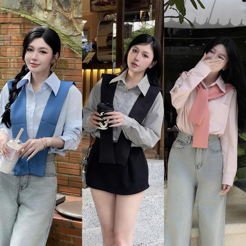 THE QUẠO - Set Áo Sơ Mi Nữ Kẻ Sọc Tay Dài Vạt cong Túi Kiểu Kèm khăn choàng S2805_667 (SML)