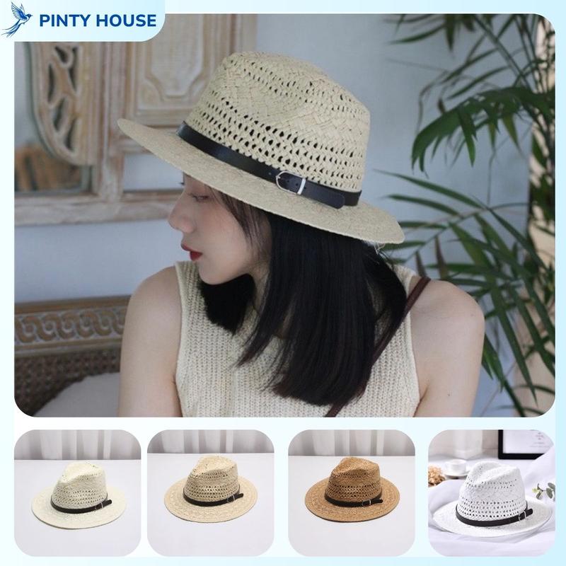 Mũ Phớt Cói Panama Vành To Đai Da Đi Biển Đi Chơi Phong Cách Tiểu Thư Hat Nón - Size Đến 58cm