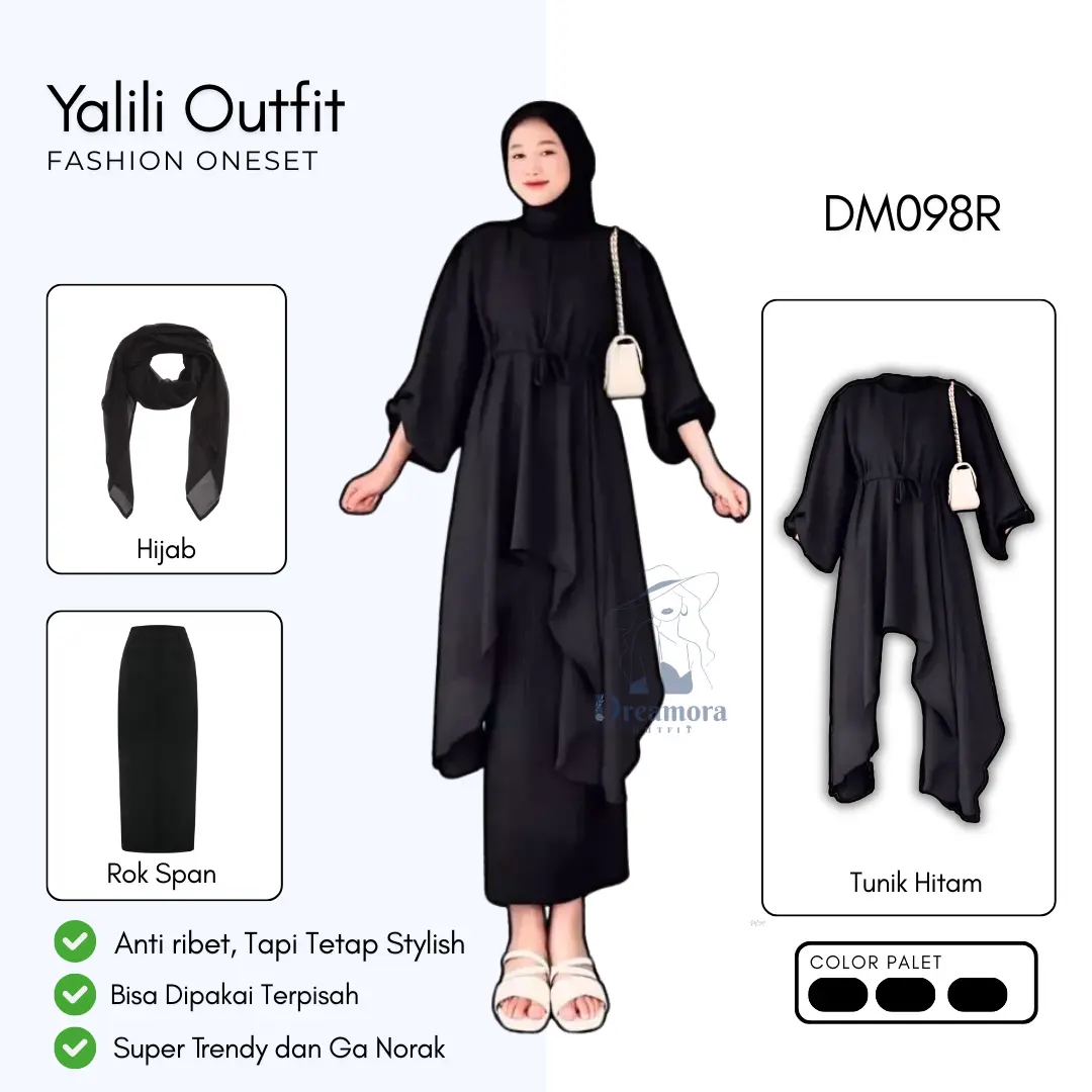 OOTD One set baju Lebaran Cewek 3in1 ( Tunik Terlaris + Rok Span + Hijab ) Setelan Ramadhan DM098Rc Crinkle Airflow Hitam Karet Muslim Panjang Serut