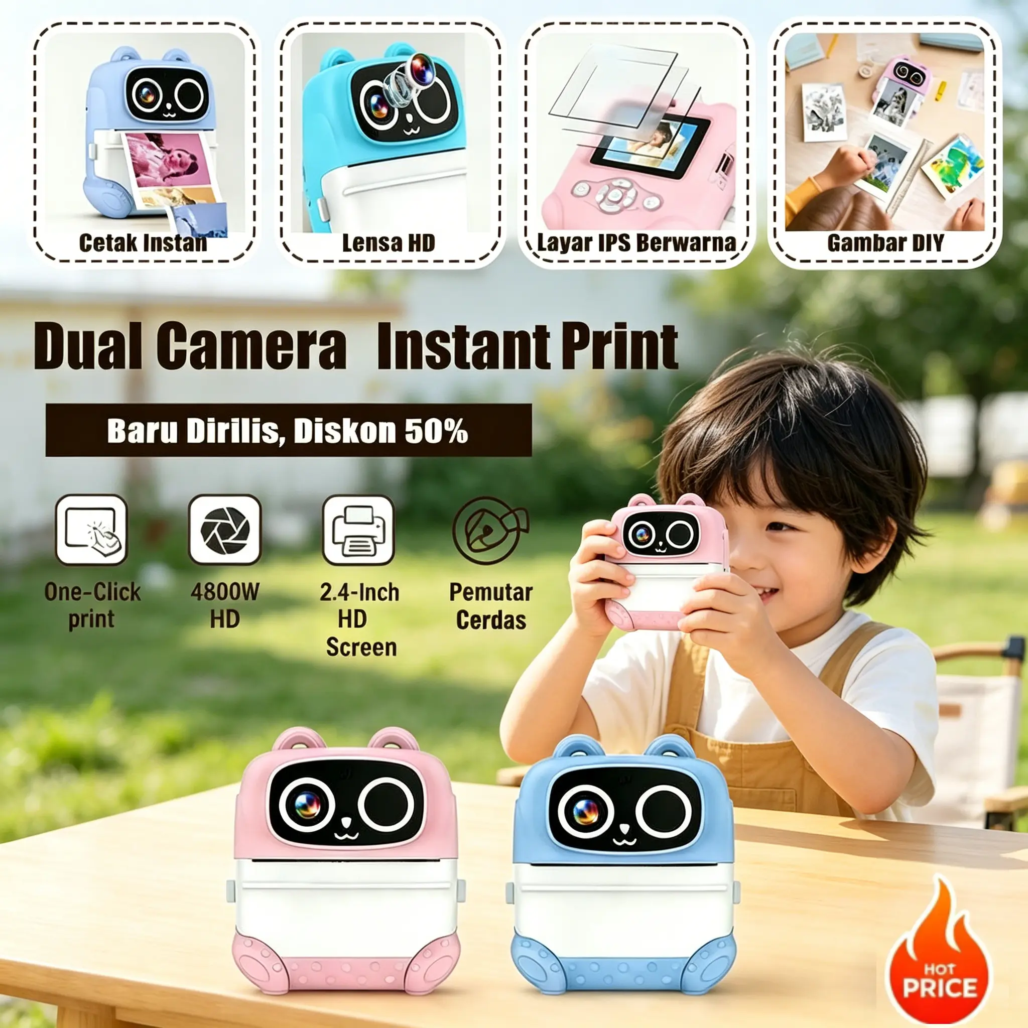 [COD] Kamera Digital Cetak Instan untuk Anak-Anak, dilengkapi kamera ganda 48MP, pencetakan instan, layar 2,4 inci, dan penyimpanan 32GB. Hadiah ulang tahun yang bagus untuk anak-anak.