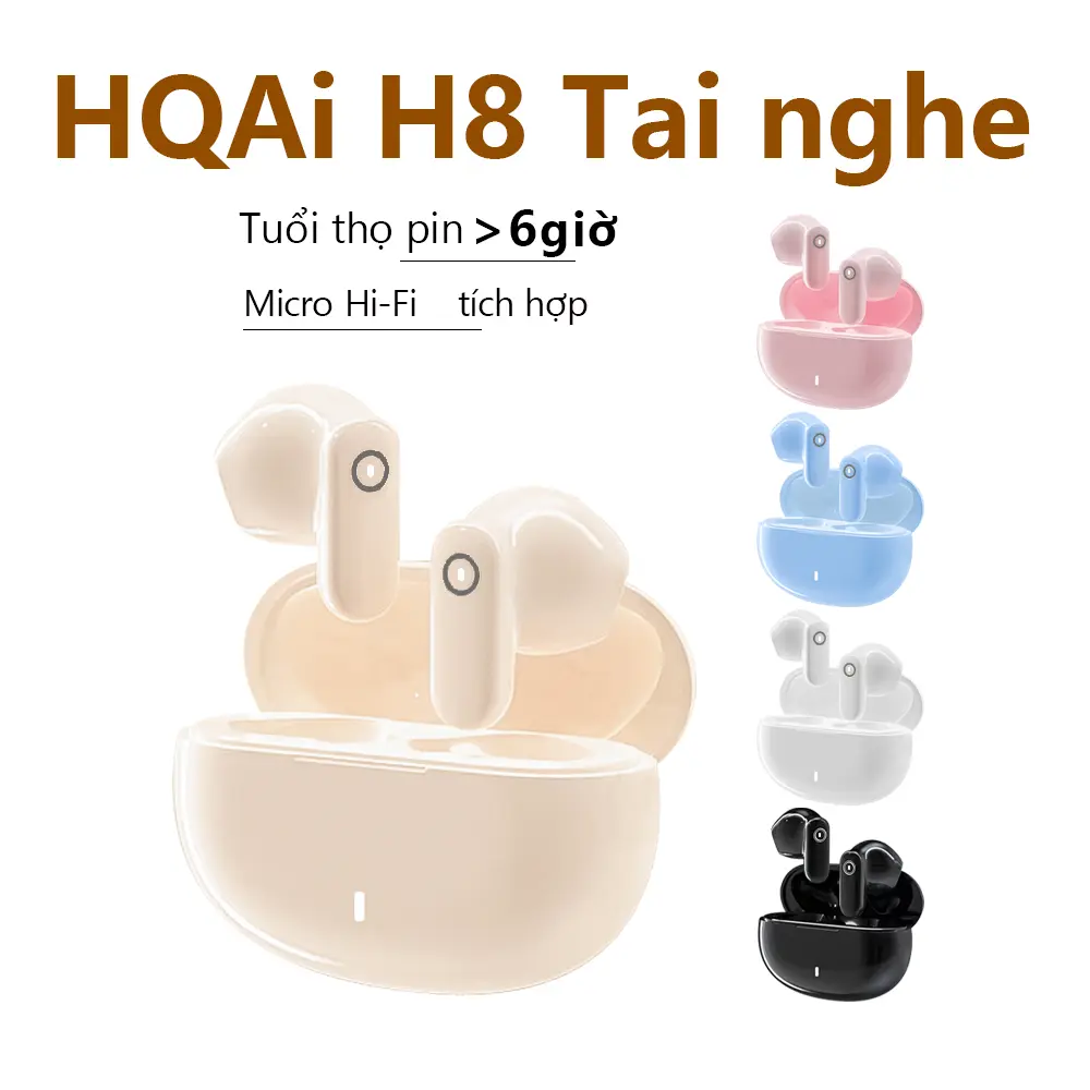 HQAi H8 - Tai nghe Bluetooth không dây tích hợp MIC  chống nước  dùng cho iPhone và Android  cảm ứng chạm  chống ồn  âm thanh stereo Hi-Fi  3 quà tặng (dây buộc miễn phí+tay áo trò chơi+nhãn dán)