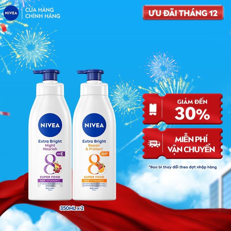 2 Bộ 2 Sữa Dưỡng Thể NIVEA 8 Super Foods Ngày Và Đêm Dưỡng Ẩm Sáng Da 350 ml - 98412+88311