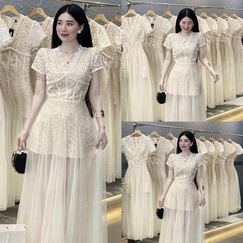  Váy Ren Siêu Xinh Tay Ngắn Cổ V Đính NgọcVáy Thiết Kế Sang Trọng Đi Tiệc cưới bigsize 