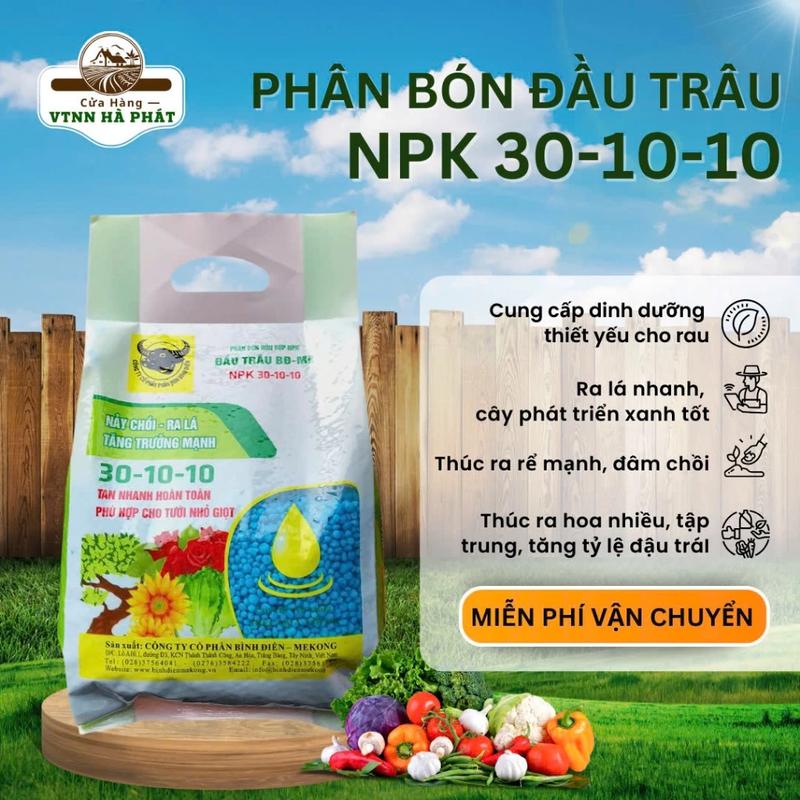  Phân bón NPK Đầu Trâu 30-10-10 cho cây nảy chồi ra lá tăng trưởng mạnh gói 1kg 