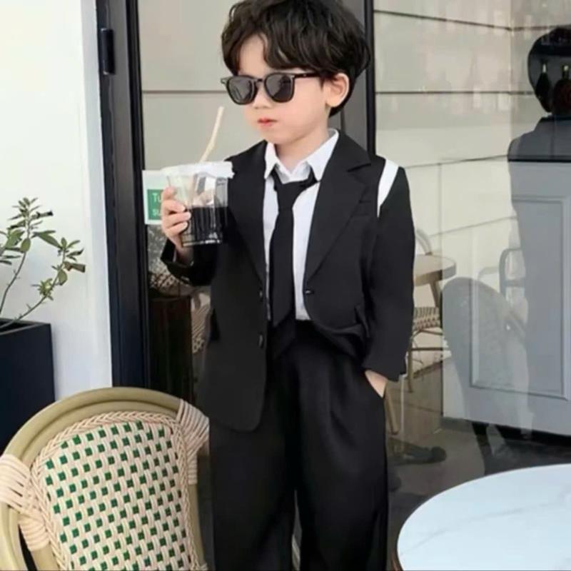  Bộ vest 4 chi tiết áo sơ mi trắng cà vạt đen  áo khoác và quần chất gạo không co giãn cho bé trai phong cách hàn quốc size 10-26kg 