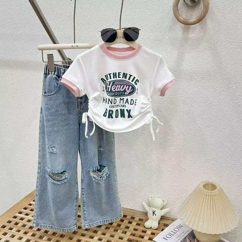 OOTD Korea Style Setelan Jeans Anak Perempuan Atasan Croptop Motif Lucu+Celana Jeans Panjang Sobek Kulot Baju Impor Anak Perempuan Setalan Anak Perempuan 4