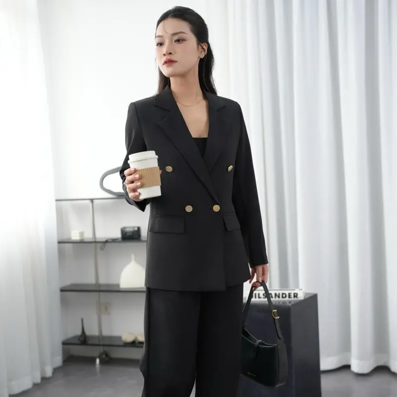 Sét Bộ Quần Áo Blazer Nữ Form Suông, Chất Gold Nhật, Áo Túi Thật