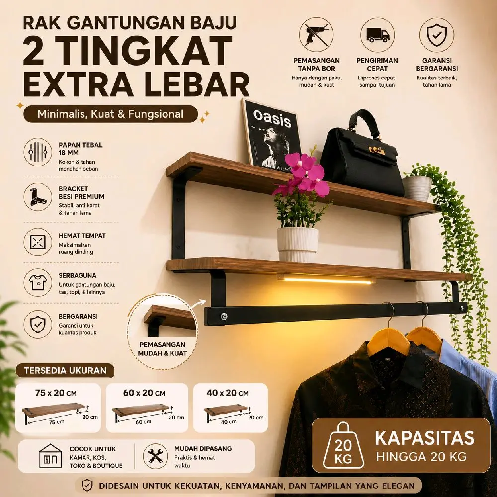 Rak Dinding Minimalis Kayu Besi – Rak Pajangan Dekorasi + Gantungan Baju Serbaguna