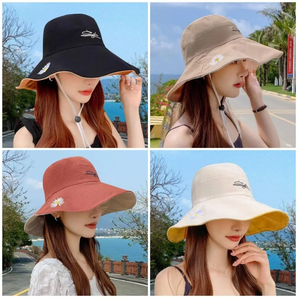 GS  Topi Wanita Pelindung UV Topi Pantai Bunga Daisy Bisa Digunakan Dua Warna Depan Belakang Topi Visor Cadar Bucket Topi Murah Import