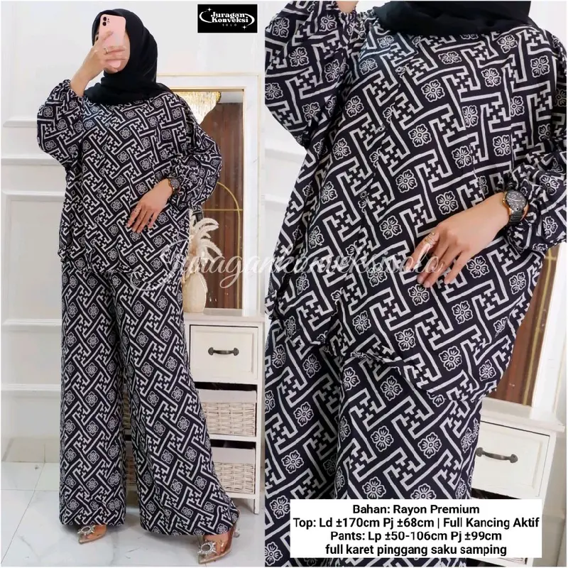 Seruni Setelan Jumbo  Blouse Batwing dan Kulot Bahan Rayon Batik Adem Nyaman Busui Kancing Aktif Baju Motif Celana Panjang Muslim Karet Samping Top 6