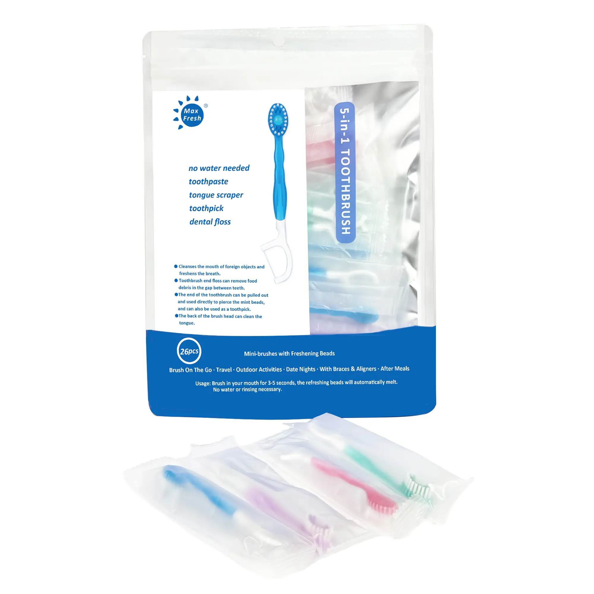 5 in 1 Mini Brushes-Disposable Toothbrushes with Toothpaste + Floss + Pick + Tongue Scraper | Travel Size | Individually Wrapped | Soft | Mint | Travel Set