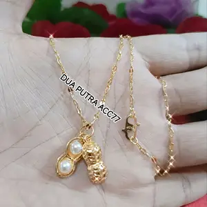 kalung plus liontin perhiasan emas wanita dewasa model mutiara kacang gold/Titanium/anti karat dan luntur