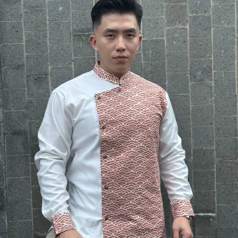 Kemeja Batik Kombinasi Pria, Slimfit, Katun Jepang, Putih Baby Pink Dusty, Batik Brijaya 4