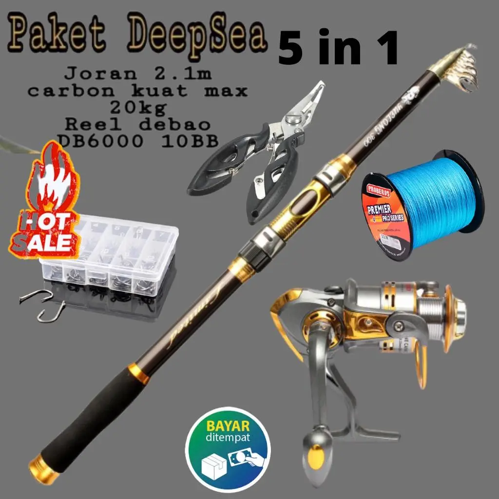 DISKON Set Pancing Laut Kekuatan Max 20kg Joran Carbon 210cm Reel debao DB6000 10 Ball Bearing Plus Benang PE Panjang 300 meter dan Tang Remover Fishing Hook Alat Ikan