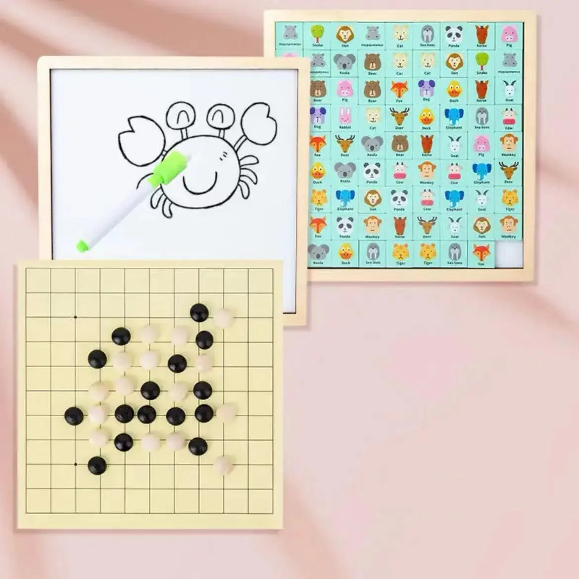 Three-in-one children's colorful wooden Gobang Match-3 game drawing board set toy board game