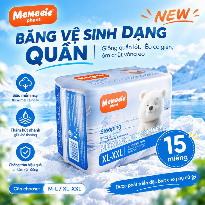 Memeeie Đai vệ sinh đêm mới 15 chiếc, chống tràn 360°, mỏng nhẹ thông thoáng, hấp thụ nhanh, khô ráo suốt đêm