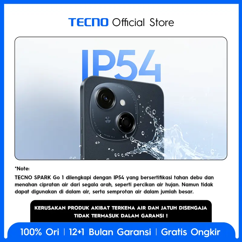 [LAST STOCK] TECNO SPARK Go 1 – 3+3GB*+64GB, 120Hz Display, T615+4.5G Network, 5000mAh+15W, IP54, Android 14, Garansi 12+1 Bulan 1
