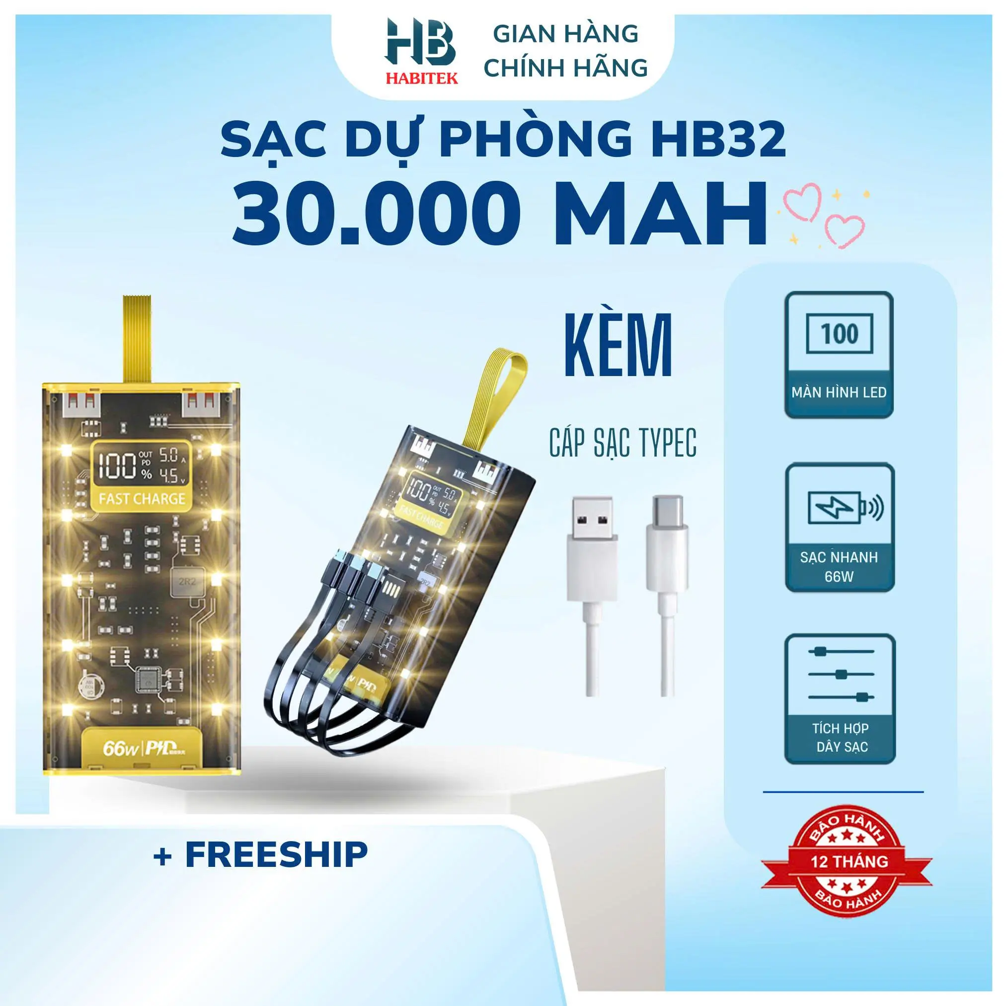 [Sạc Siêu Nhanh] Sạc Dự Phòng HB32 30.000MAH, Sạc Nhanh PD 66W/20W,Thiết Kế Trong Suốt, Có Đồng Hồ Hiển Thị %Pin, Hiệu Điện Thế U(V), Cường Độ Dòng Điện  (Ampe) Có Đèn Ngủ, Bảo Hành 12 Tháng Sạc Pin