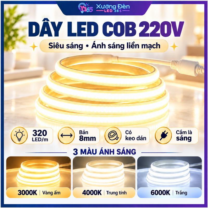 Dây LED COB 220V 320LED/m Siêu Sáng Bọc Silicon Chống Nước IP67, Bản 8mm Có Keo Dán, Đèn Hắt Trang Trí Nội Thất 3000K 4000K 6000K