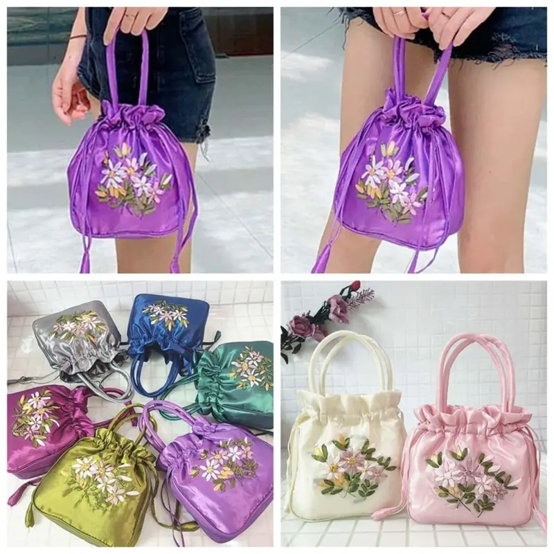 Túi Dây Rút Trung Quốc Hanfu Lụa Satin, Thời Trang, Phong Cách Dân Tộc, Túi Cho Mẹ, Túi Xách Hoa Thêu, Túi Ăn Trưa Hàn Quốc, Ví Nhỏ Thích Hợp Cho Phụ Nữ Và Trẻ Em Gái 2