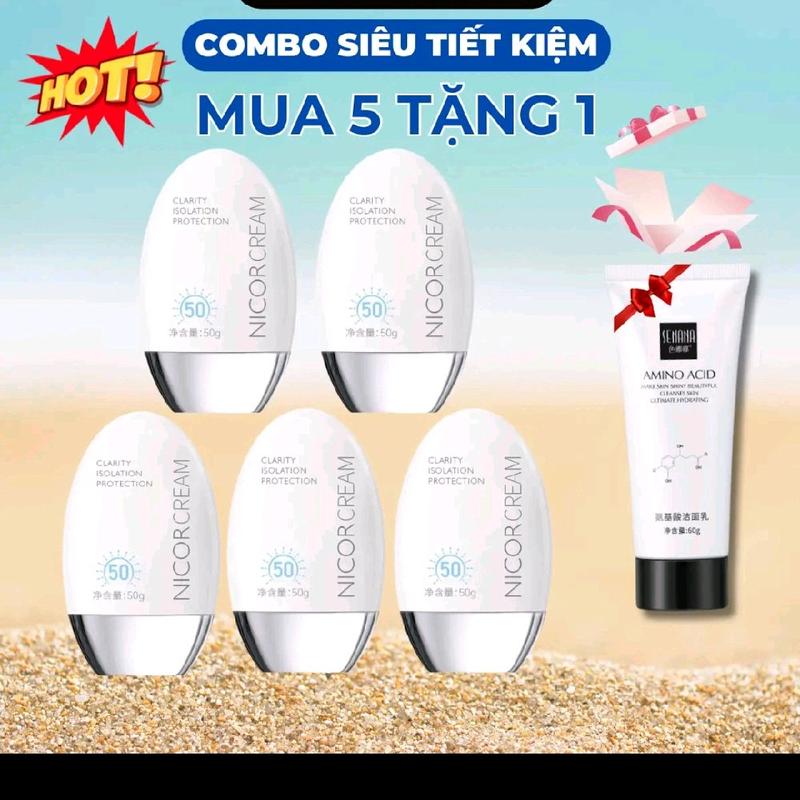  Combo 5 Tuýp -Kem Chống Nắng Nicor Nâng Tone Dưỡng Trắng Da Mặt   tặng 1 tuýp srm senana  