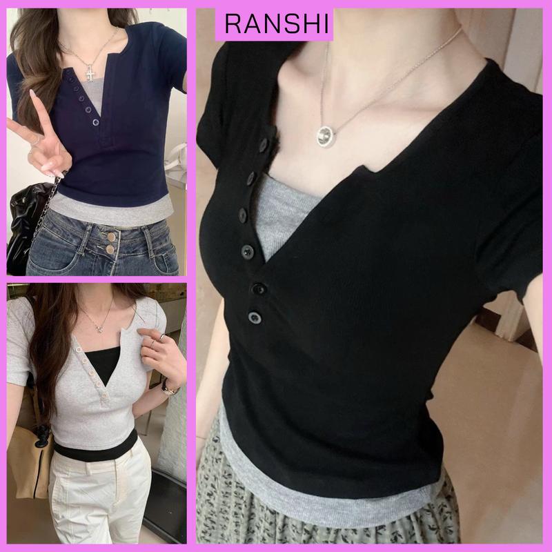 Áo Thun Nữ Tay Ngắn Cổ Chữ V Phối Hai Màu RANSHI Áo Babytee Dáng Vừa Tiểu Thư Sang Chảnh Chất Gân Dày RA308 Women Top Áo Ôm Body Áo Nữ Mùa Hè Kiểu Đẹp