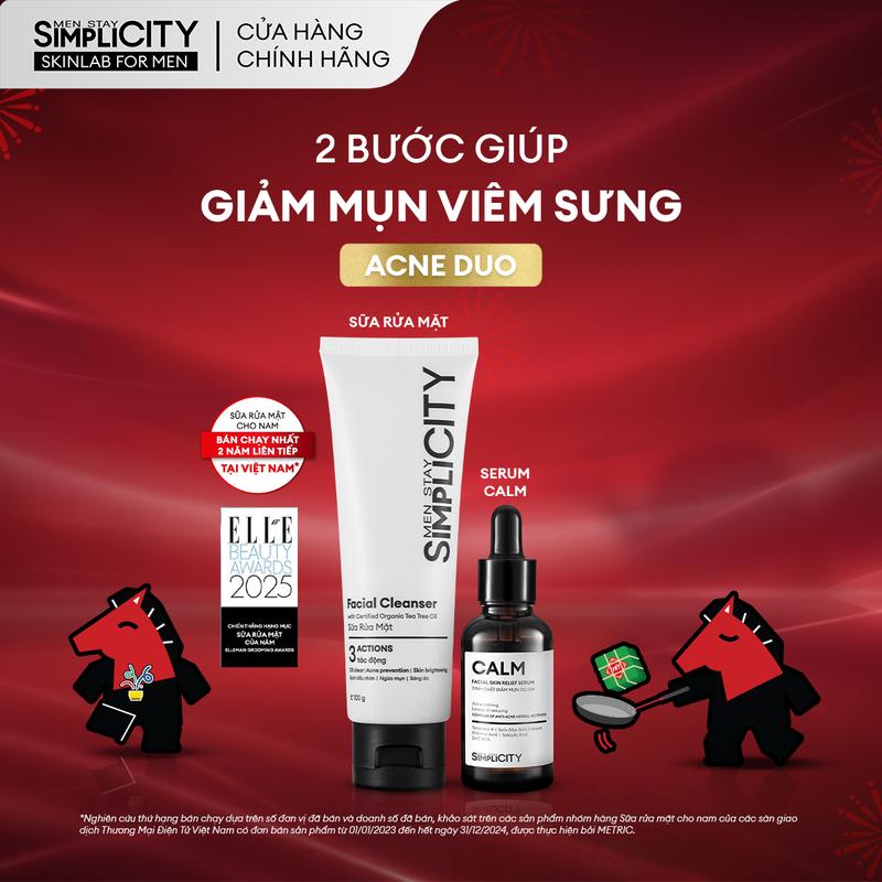 Combo giúp giảm mụn sưng viêm Men Stay Simplicity Acne Relief Duo gồm: Sữa rửa mặt 100g & Serum Calm 30ml