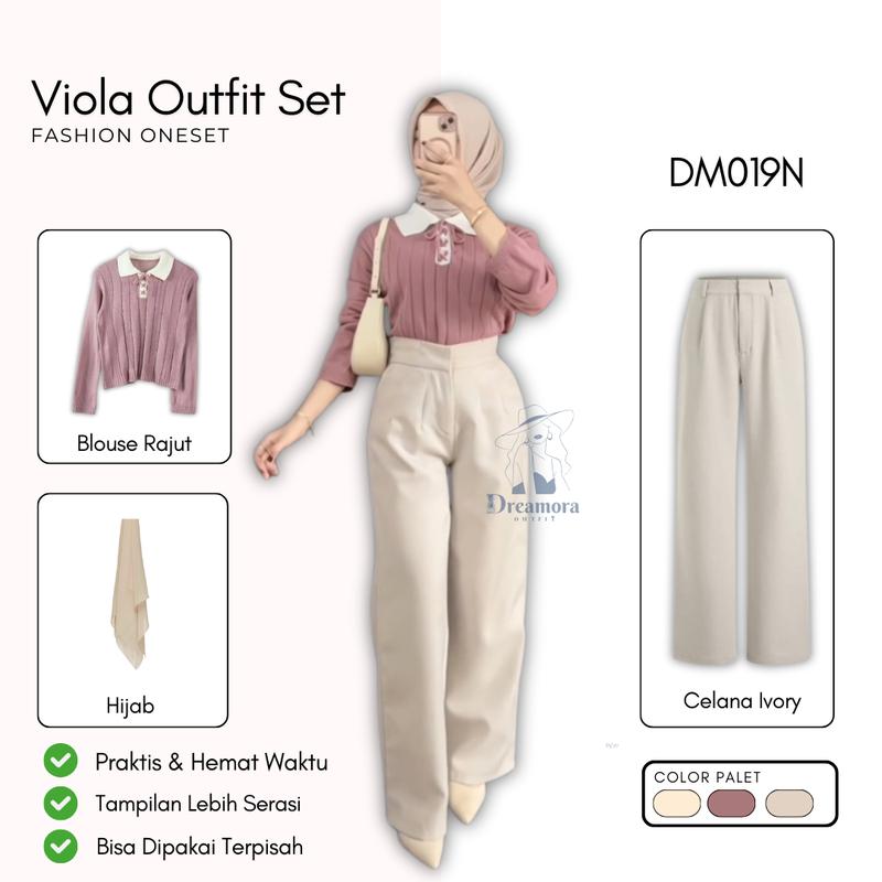one set outfit remaja ( Blouse Coquette + Celana Ivory + Tas Aesthetic + Hijab ) Satu set DM019N Atasan Baju Muslim Nyaman Panjang Setelan Tebal Wanita 1