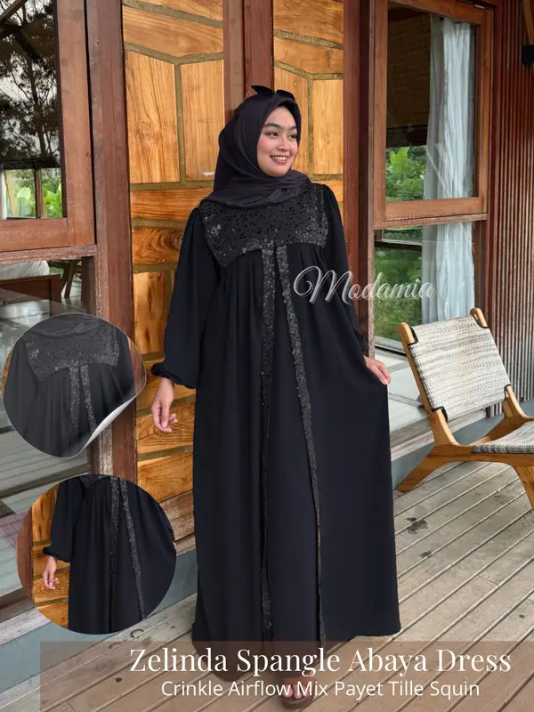 Zelindra Spangle Abaya Mewah Gamis Elegan Simple Wanita Baju Lebaran 2025 Model Baru by Modamia Fashion 2