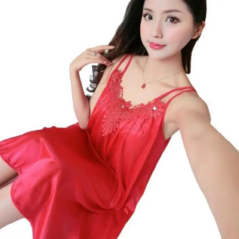 [ Racun Lingerie ]  Daster Dress Baju Tidur Nightwear Wanita Dewasa Sexy Tanpa Lengan Tali Pundak Lumbai Deep Brukat  With Muatiara Mewah Satin Silk FS38 0