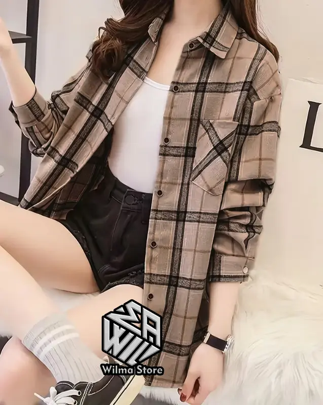 Kemeja Flanel Wanita Lengan Panjang Motif Kotak Best Seller Atasan Casual Baju Oversize Top 2
