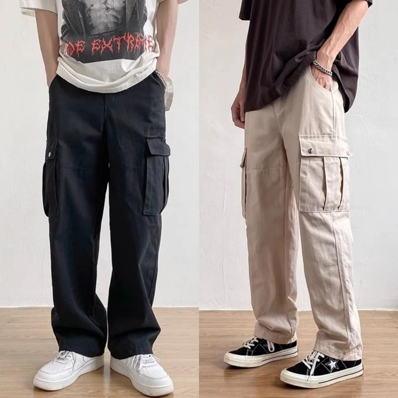Quần Túi Hộp baggy Quần âu nam cargo quần ống rộng cạp cao đen trắng retro unisex