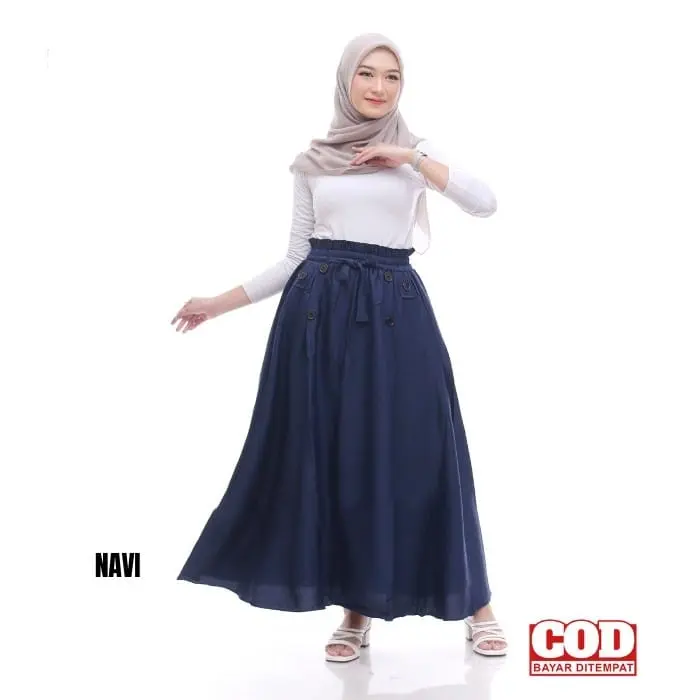ROK PAYUNG PANJANG JUMBO WANITA REMAJA DEWASA POLOS HITAM ABU NAVY ARMY MILO LAVENDER bahan moscrape grade A hijau kancing Karet Melar Standar High Bawahan Nyaman Variasi 3
